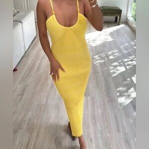 House of Harlow 1960 Lemon Striped Ribbed & Beaded Midi Dress